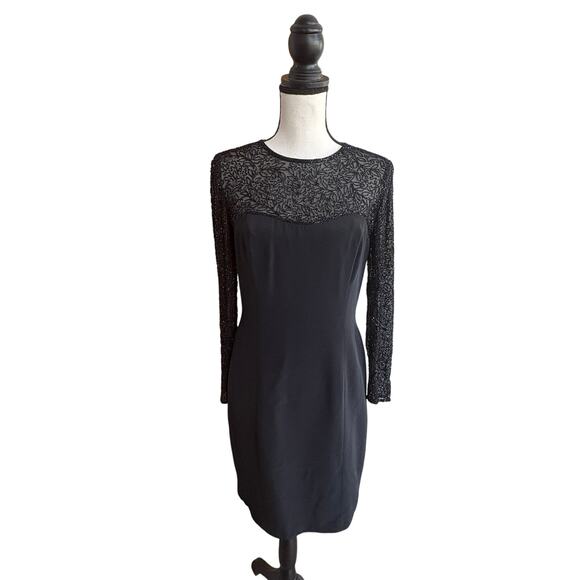 Oleg Cassini Dresses & Skirts - Oleg Cassini Black Tie Beaded Long Sleeve Cocktail Dress Black Size 4 Small